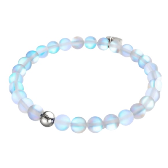 Nwt Nogu Mermaid Glass Bead Stretch Bracelet- Rainbow White & Silver